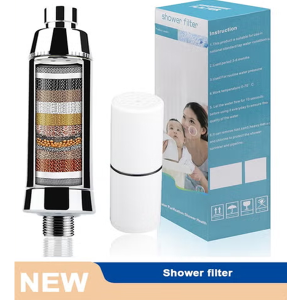 15-Stage Shower Filter for Hard Water with NSF-Certified KDF Media, Reduces Chlorine, Rust & Sediments, Supports Healthier Skin & Hair, Easy DIY Installation, Chrome Finish | فلتر دش 15 مرحلة للمياه العسرة مع وسط ترشيح KDF معتمد من NSF، يقلل الكلور والصدأ والرواسب، يدعم صحة البشرة والشعر، سهل التركيب الذاتي، تشطيب كروم